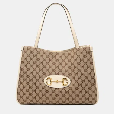 Pre-owned Gucci Brown White Medium Gg Canvas Horsebit 1955 Tote
