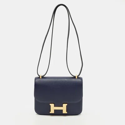 Pre-owned Hermes Constance 18 Mini Gold Finish Bleu Saphire Epsom Leather Crossbody Bag In Blue