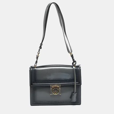 Pre-owned Ferragamo Marisol Grey Glazed Leather Top Handle Bag In Gray