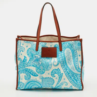 Pre-owned Etro Blue/white Paisley Print Canvas And Leather Shopper Tote