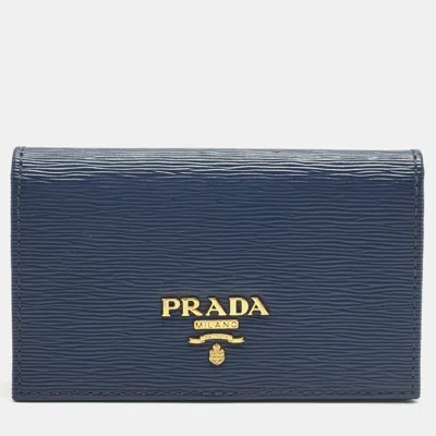 Pre-owned Prada Blue Saffiano Metal Leather Card Case