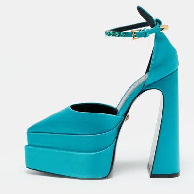 Pre-owned Versace Medusa Crystal Size 38 Teal Green Satin Platform Pumps