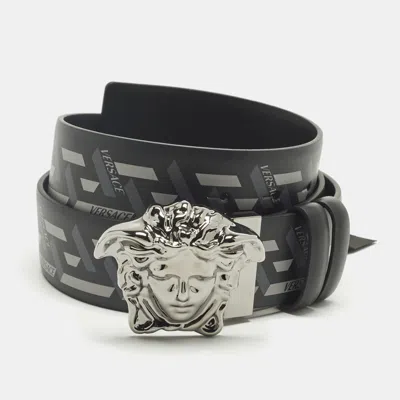 Pre-owned Versace Medusa Head 85cm Black/grey La Greca Print Leather Belt