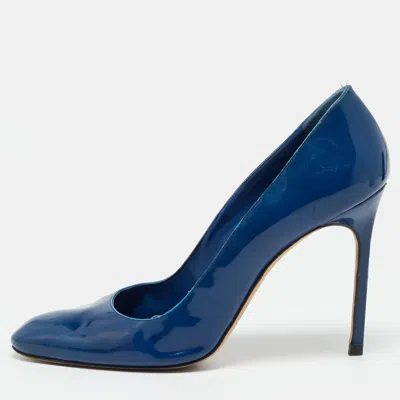 Pre-owned Manolo Blahnik Size 40.5 Blue Patent Leather Almond Toe Pumps