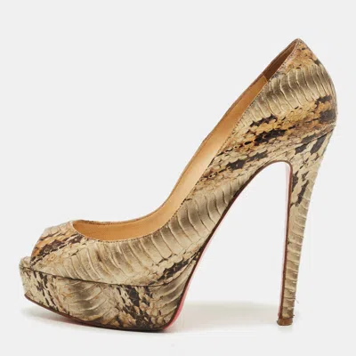 Pre-owned Christian Louboutin Lady Peep Size 37 Green Python Leather Platform Pumps