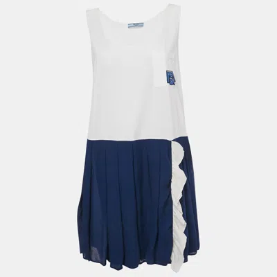 Pre-owned Prada White/blue Jersey And Silk Sleeveless Mini Dress S