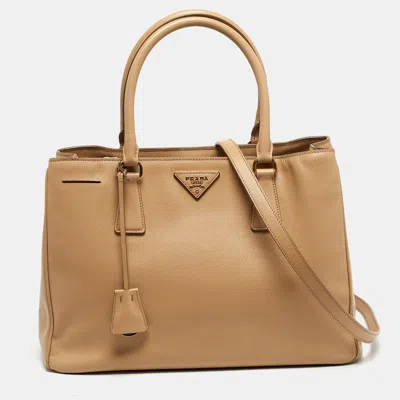Pre-owned Prada Open Medium Beige Saffiano Leather Tote In Sand