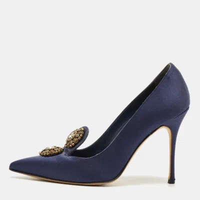 Pre-owned Manolo Blahnik Size 39 Navy Blue Satin Crystal Embellished Pumps