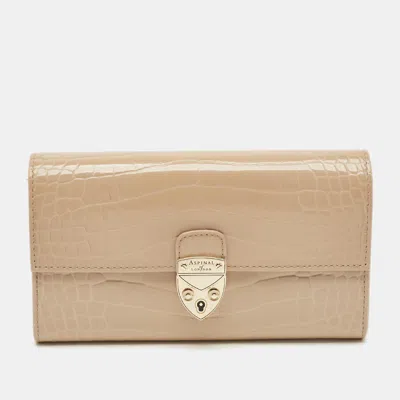 Pre-owned Aspinal Of London Mayfair Beige Croc Embossed Patent Leather Continental Wallet In Sand
