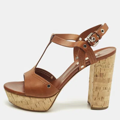 Pre-owned Casadei Size 40.5 Brown Leather T Strap Platform Sandals