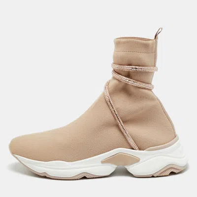 Pre-owned René Caovilla Cleo Size 40 Beige Knit Fabric Slip On Running Sneakers In Sand