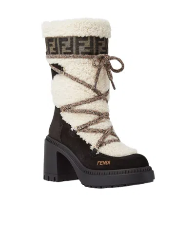 Fendi Apres Chic White Shearling And Suede Boots In Multi