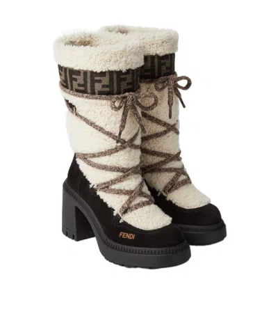 Fendi Apres Chic White Shearling And Suede Boots In Multi