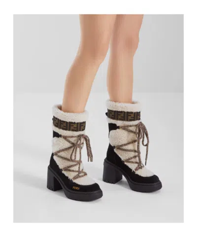 Fendi Apres Chic White Shearling And Suede Boots In Multi