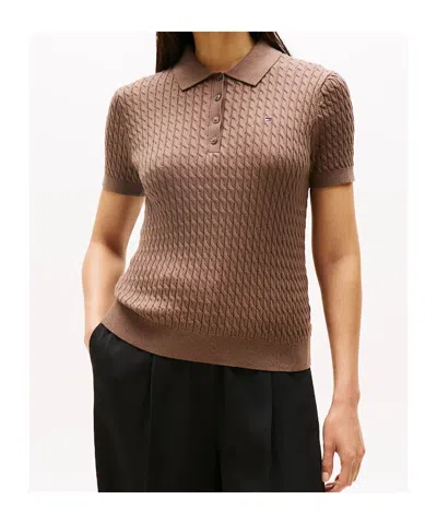 Tommy Hilfiger Cable Knit Polo Short Sleeve Jumper In Brown