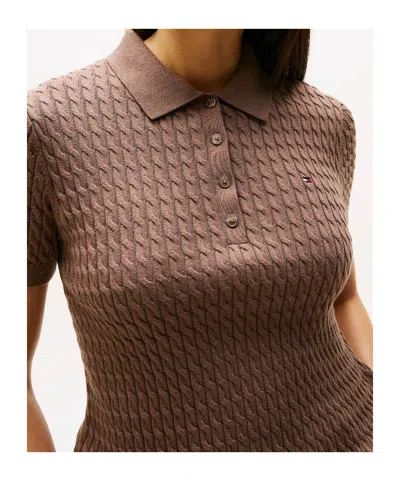 Tommy Hilfiger Cable Knit Polo Short Sleeve Jumper In Brown