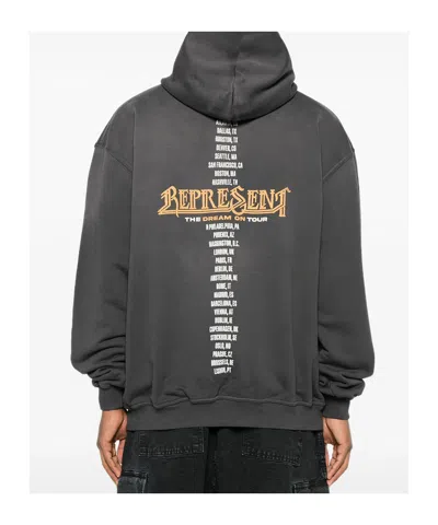 Represent Black Hoodie With Graphic Print On Front And Back And Faded Effect In Cotton Man In Brown