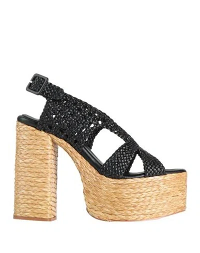 Paloma Barceló Woman Sandals Black Size 7 Leather, Natural Raffia In Black