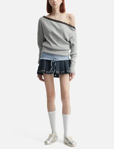 Glowny Asymmetric Eyelet Knit Top In Gray