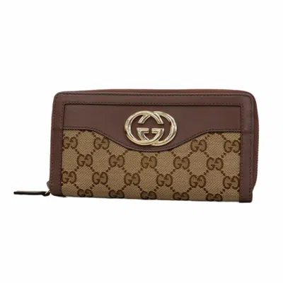 Pre-owned Gucci Beige Brown Canvas Leather Long Wallet (bi-fold) () In Multi