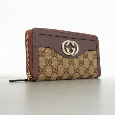 Pre-owned Gucci Beige Brown Canvas Leather Long Wallet (bi-fold) () In Multi