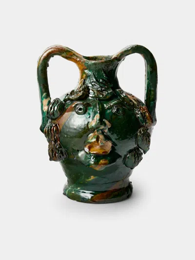 Antique And Vintage 1990s Condurso Face Ceramic Vessel (10in/25cm) In Green
