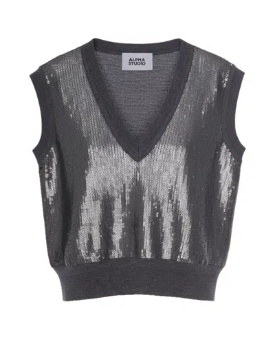 Alpha Studio Maglia Smanicata Con Paillettes Grigia In Gray