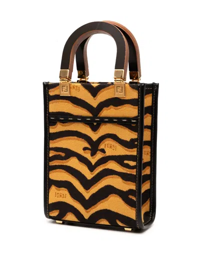 Pre-owned Fendi 2010-2025 Mini Embroidered Canvas Tiger Print Sunshine Shopper Tote Satchel In Brown