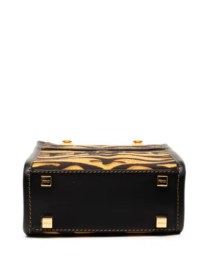Pre-owned Fendi 2010-2025 Mini Embroidered Canvas Tiger Print Sunshine Shopper Tote Satchel In Brown