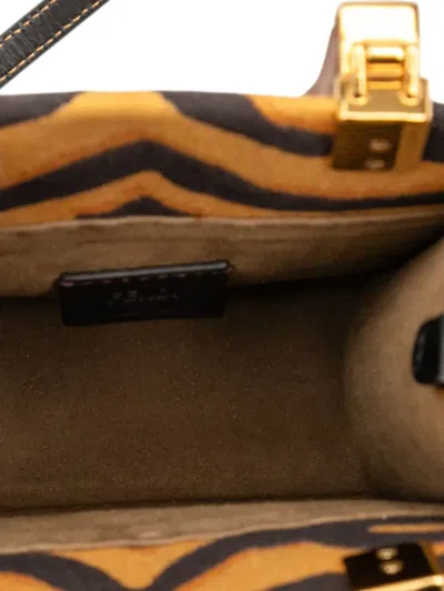 Pre-owned Fendi 2010-2025 Mini Embroidered Canvas Tiger Print Sunshine Shopper Tote Satchel In Brown