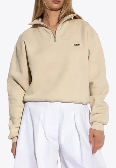Jacquemus Gros Grain Half-zip Cropped Sweatshirt In Neutral