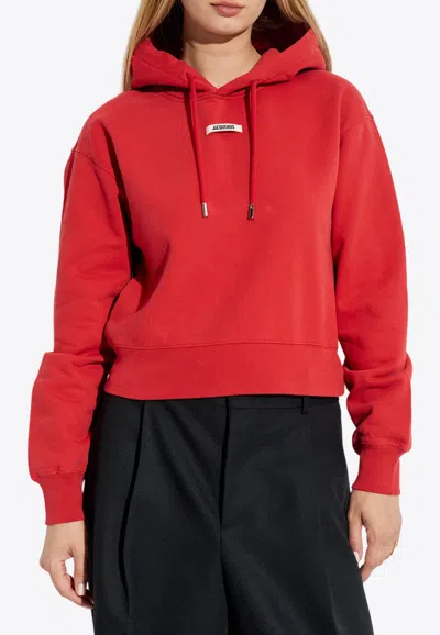 Jacquemus Gros Grain Cropped Hooded Sweatshirt In Red