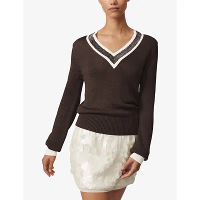 Reiss Womens Chocolate Brown Courtney Beaded-neck Knitted Jumper In Brown