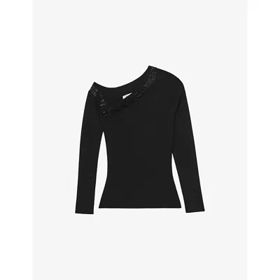 Reiss Womens Black Maddie Beaded Off-shoulder Stretch-knit Top In Black