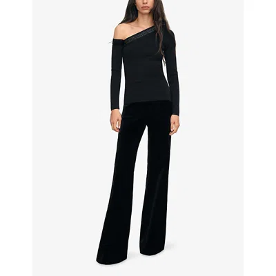 Reiss Womens Black Maddie Beaded Off-shoulder Stretch-knit Top In Black