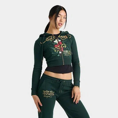 Ed Hardy Women's Sacred Heart Fleece Full-zip Hoodie In Green