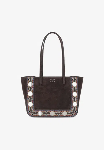 Valentino Mini Nellcôte Suede Tote Bag In Brown