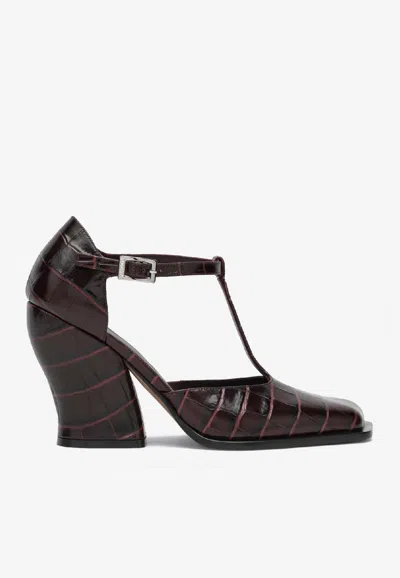Loewe Onda 90 T-bar Pumps In Croc-embossed Leather In Burgundy