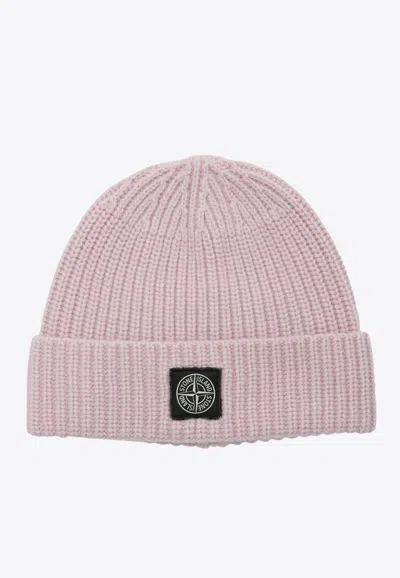 Stone Island Compass Patch Wool Beanie In Pink