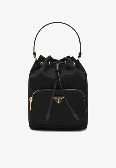 Prada Duet Re-nylon Logo Bucket Bag In Black