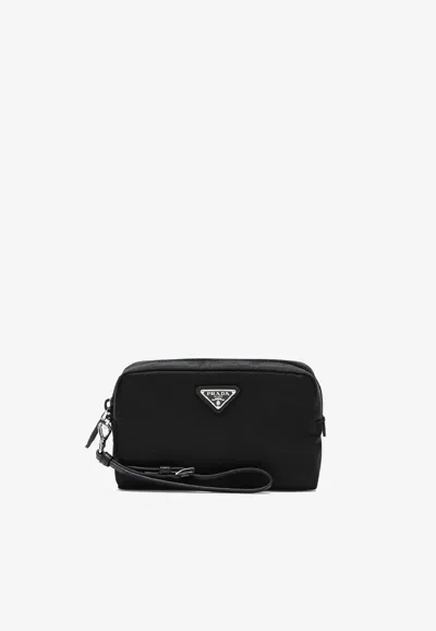 Prada Triangle Logo Pouch Bag In Black