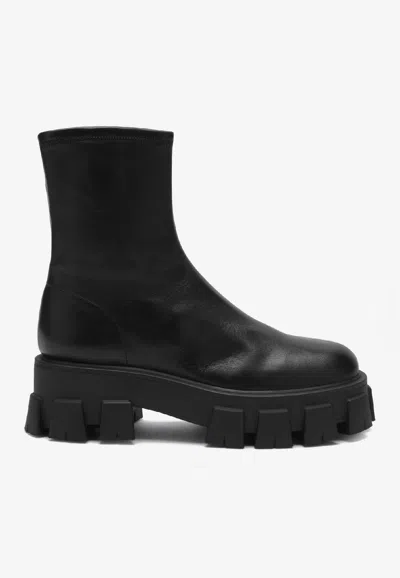 Prada Black Stretch Nappa Monolith Ankle Boots In Black