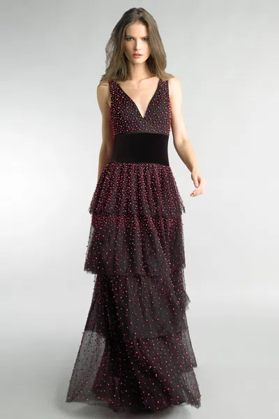Basix Black Label Pearl Embellished Multi Tier Gown In Red