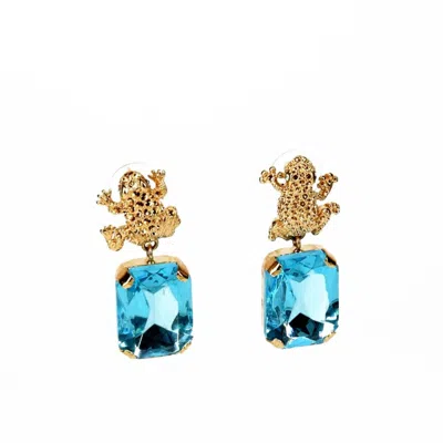 Addicted2 Women's Armonia Gold Plated Light Blue Crystal Earrings With Frog In Blue