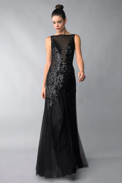 Basix Black Label Sequined Sleeveles Evening Dress In Black
