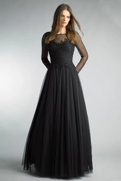 Basix Black Label Long Sleeve Embroidered Evening Gown In Black