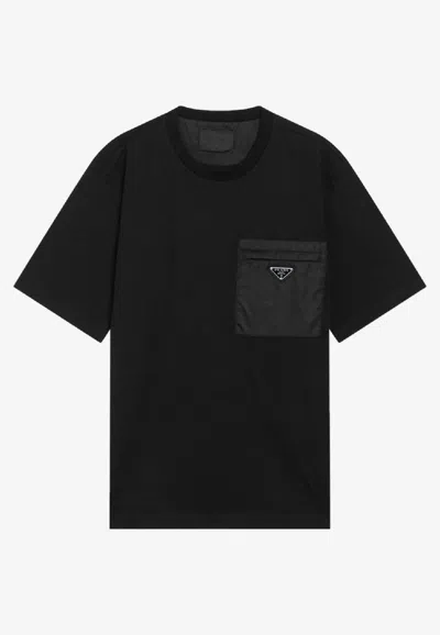 Prada Men's Plain Cotton Badge Pocket T-shirt In Black