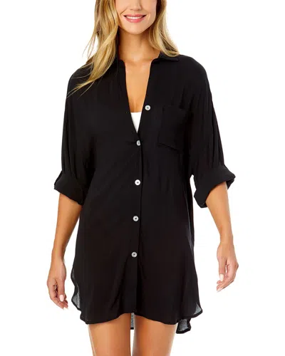 Anne Cole Boyfriend Button Down Cover Up Shirt In Black