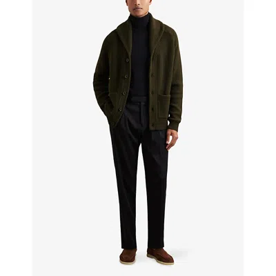 Reiss Mens Dark Olive Green Cannon Shawl-collar Knitted Cardigan Xl In Black