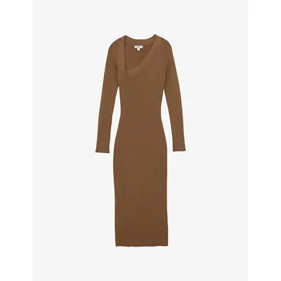 Reiss Womens Camel Zeta Asymmetric-neck Knitted Midi Dress In Brown